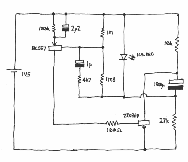 Circuit diagram (schematic) of single-cell LED flasher with two-year battery life