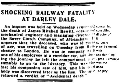 Report from the Derbyshire Advertiser and Journal, 1st March 1918, page 6, on the inquest into the death of James Mitchell Hewitt.